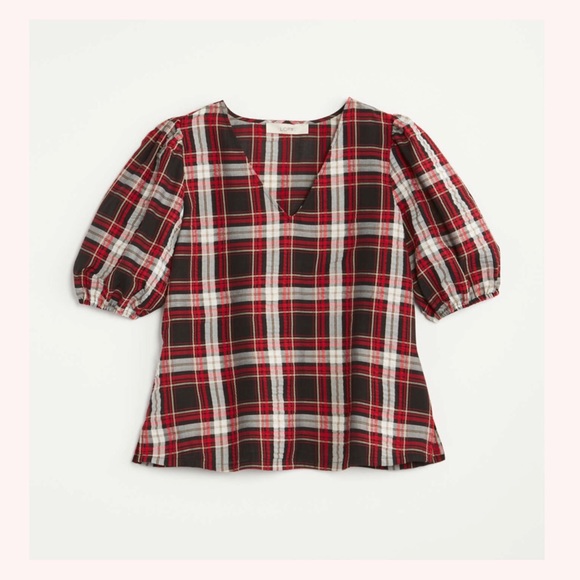 NWT LOFT Plaid Puff Sleeve Top - Picture 4 of 4